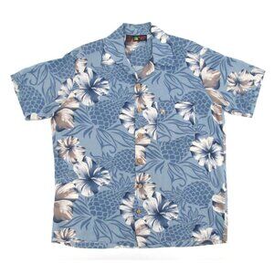 Roundy Bay Hawaiian Shirt Med Blue Hibiscus Pineapple Print 100% Rayon Button Up